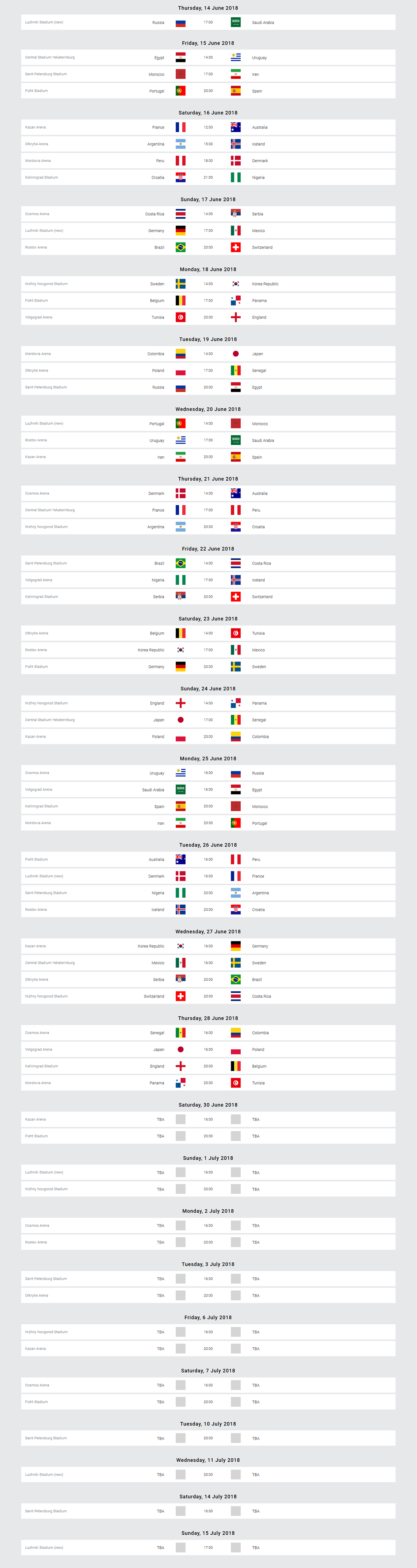 2018 FIFA World Cup Schedule